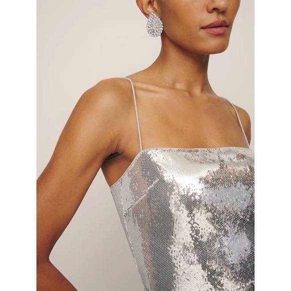 Reformation Frankie Sequin Midi Dress Gown in Silver Sequin - Picture 3 of 13